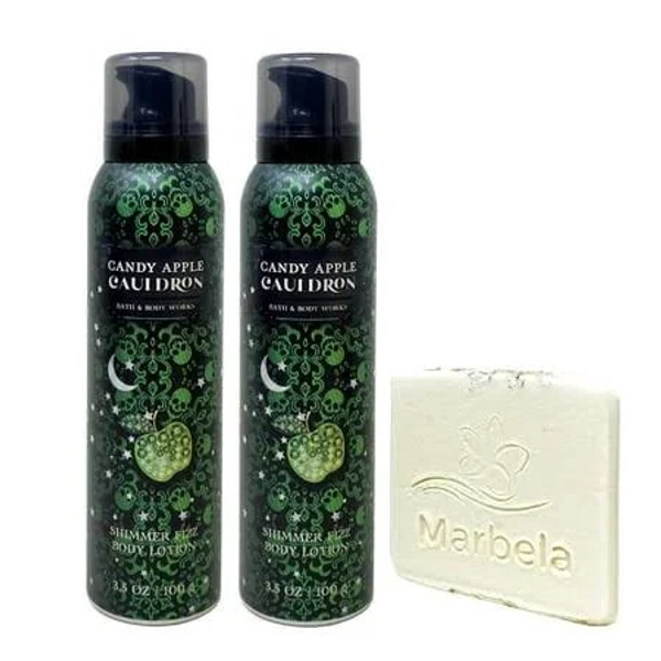 Bath & Body Works Candy Apple Cauldron Shimmer Fizz Body Lotion Bundle with Natural Oats