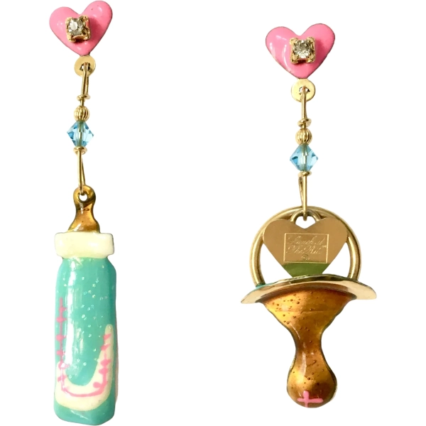Lunch at The Ritz Baby Bottle Pacifier Charm Pierced Earrings Signed