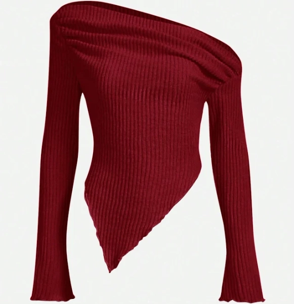 SHEIN Asymmetrical Graphic Tees Y2K Grunge Lettuce Trim Flare Sleeve Slim Fit Knitted Tee