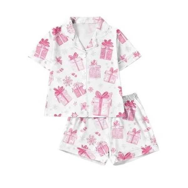 Girls' Christmas Print Short Sleeve Button-Down Front Pajama Set