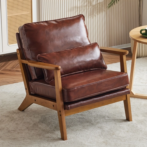 [Vintage Lounge Chair] Mid-Century Style Vintage Lounge Chair with Lumbar Pillow and Solid Wood Frame - Beige for Living Room, Bedroom, Balcony