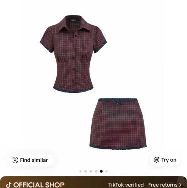 Cotton Plaid Collar Short Sleeve Blouse & Mid Rise Lace Trim Bowknot Mini Skirt Set