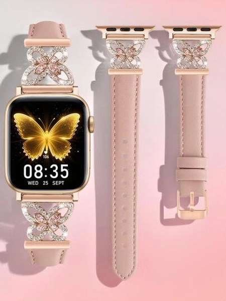 Luxury Butterfly Leather Strap Compatible With Apple Watch Band 38mm 40mm 41mm 42mm 44mm 45mm 46mm 49mm, Elegant Rhinestone Diamond Replacement Wristband For I Watch Ultra 3/2/1 Series 11 10 9 8 7 6 5 4 3 2 1 SE Women Girls- Pink