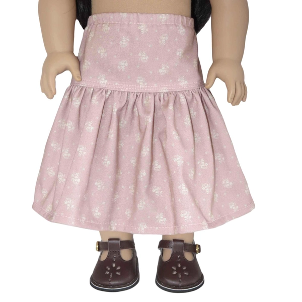 18" doll skirt.  Dusty pink midi with cream calico print.  American made girl doll clothes.
