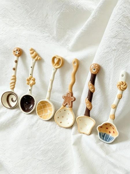 Hand Painted Ceramic Bread Themed Spoons | Handmade Cute Pottery Coffee Tea Dessert Spoons | 16cm Baking Gift for Bakers