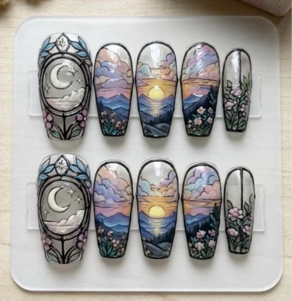 Panoramic Landscape Sunset Stained Glass Press On Nails | 3D Hand Painted Moon & Stars Art