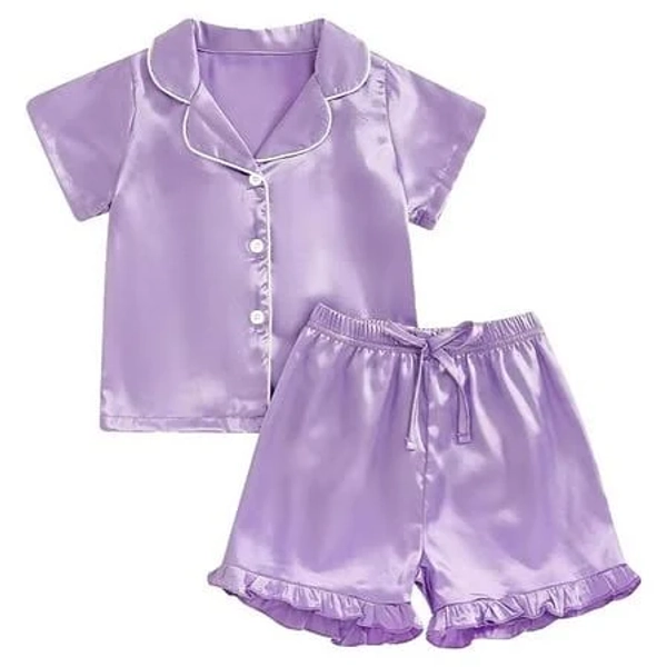 Naisibaby Girls Pajama Set 2-Piece, Silky Satin Lapel Short Sleeve Shirt and Ruffled Shorts Soft Summer Cute Home Clothes Purple 6-7t, Infant Girl's