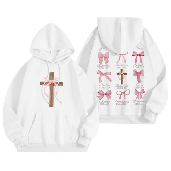 TrendOFT Cute Bow Graphic Hoodies for Women Oversized Pretty Sweatshirt for Teen Girls Y2K Long Sleeve Hooded Pullover Tops White S