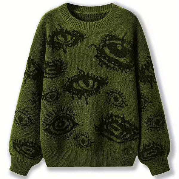 Women's Punk Eye Print Sweater, Drop Shoulder Long Sleeve, Casual Loose Top, for Autumn and Winter