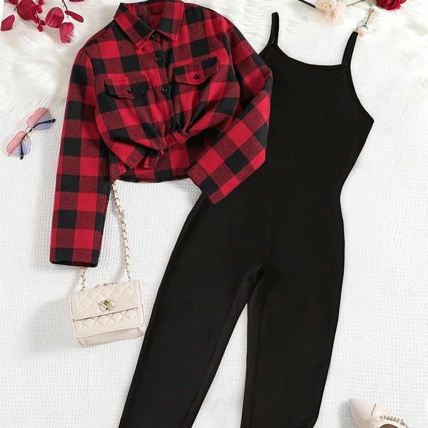New Autumn Clothes for Girls: Long-sleeved Red and Black Plaid Shirt with Suspender Jumpsuit, Fashionable 2pcs Set, Perfect for Outdoor