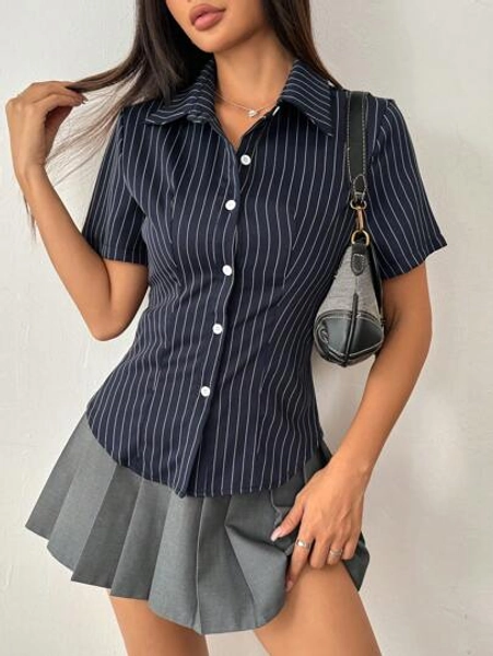 Flirla Women's Button-Down Short-Sleeved Striped Design Slim Fit Everyday Shirt,Short Sleeve Tops