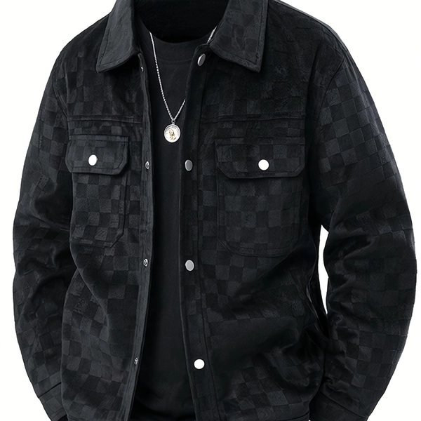Pearson OBM Men'S Heavyweight Fashion Trendy Checkered Button-Up Jacket with Symmetrical Chest Pockets And a Lapel