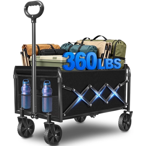 Kovryx Collapsible Wagon Cart Foldable, 360lbs Heavy Duty Folding Wagon with All-Terrain Wheels, Portable Beach Camping Shopping Garden Cart, Black - Walmart.com