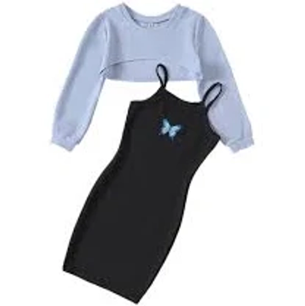 Long sleeve top dress and shorts - Blue Butterfly / 9-10T