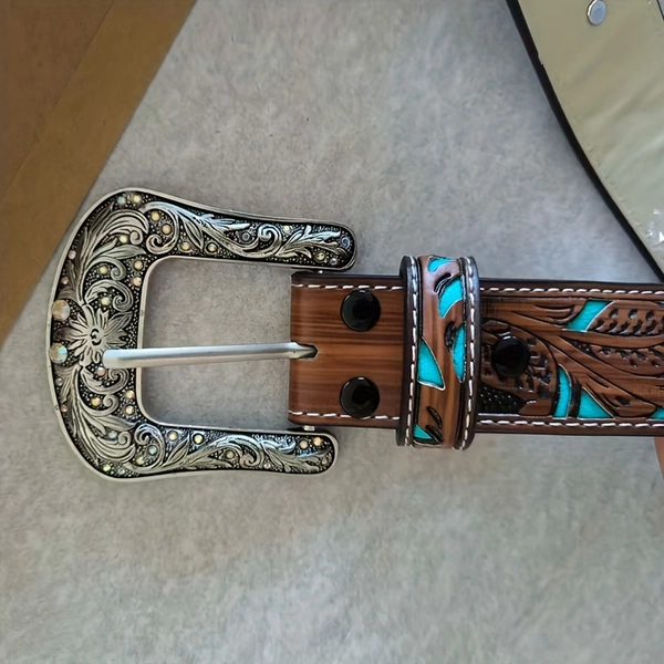 1 Men'S Western Style Belt with Turquoise Inlay & Ornate Buckle - Square Buckle Design, Khaki & Turquoise Color, Durable Everyday Belt for Jeans, Ideal Gift for Dad, Husband, Boyfriend (Christmas, Father'S Day, Valentine'S Day) - Western Cowboy Acce
