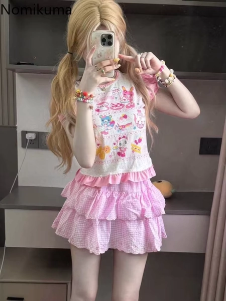 Japanese Clothing Two Piece Sets Skirt Outfits Anime Short Sleeve Tshirts Embroidery Mini Skirts Suit Chic Sweet Summer Y2k Set - AliExpress 200000345