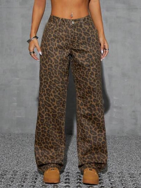 SHEIN ICON Women's Leopard Print Straight Leg Jeans, Streetwear, Y2K Style
