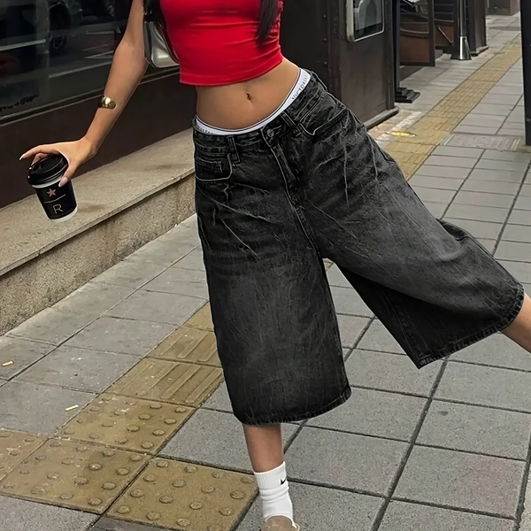 American Vintage Washed Lightning Pattern Loose Fit Denim Shorts