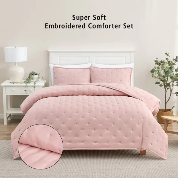 Mainstays Full/Queen Comforter Set, Super Soft & Embroidered, 3-Piece, Pink