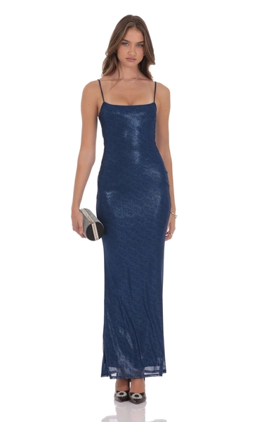 Foil Mesh Bodycon Maxi Dress in Navy | LUCY IN THE SKY