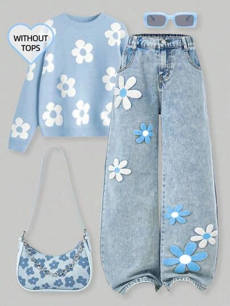 SHEIN ChillGRL Tween Girls Blue Denim Straight Leg Long Jeans With Daisy Flower Patches