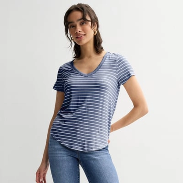 Juniors' SO® Short Sleeve V-Neck Tee, Women's, Size: XS, White Navy Stripe