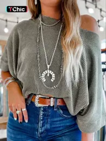 Women's Striped Boat Neck Batwing Sleeve Oversized Knitted Blouse Shirts, Knitwear Womenswear Casual Half Sleeve Top for All Seasons, Perfect for Daily Wear, Everyday Tops, Casual Knitting Top