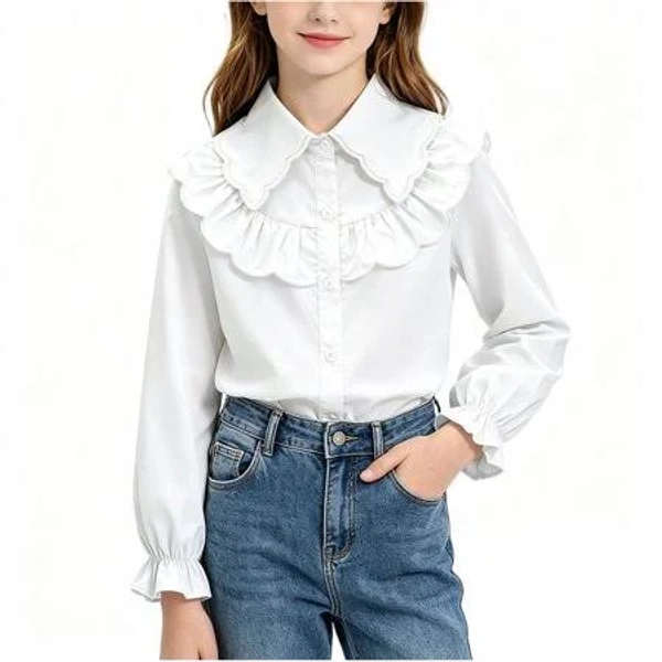 Soomlon Girls' Notch Collar Long Sleeve Ruffle Button Down Shirt