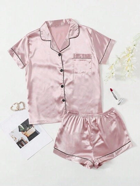SHEIN Contrast Piping Satin PJ Set / Pajama Set - Size XL