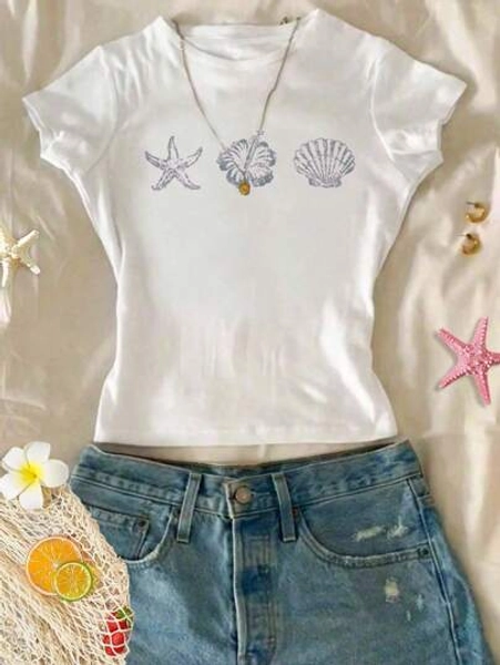 SHEIN Leap Crew Tween Girls Slim Fit Casual Minimalist Comfy Round Neck Long Body Short Sleeve T-Shirt, Suitable For Summer Girls Beach Cute Tops Summer Tween Girl Shirt Girls Mermaid Shirt Seashell Hibiscus Starfish Shirt Summer Girls Graphic Tee