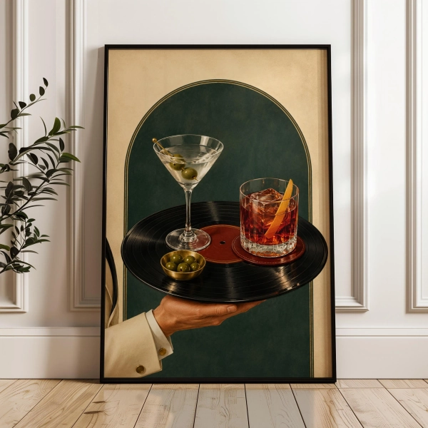 Martini and Negroni Poster: Vinyl Record Tray, Art Deco Home Bar Wall Art