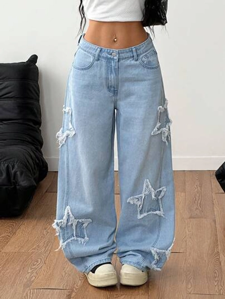 Women's Rapper Athleisure Grunge Star Pattern Washed Jeans