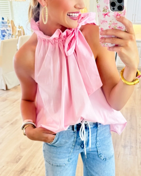 Ruffle Neck Tie Sleeveless Top