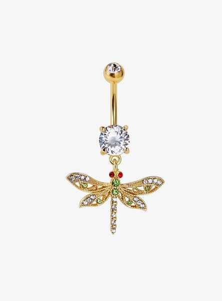 Steel Gold Dragonfly Bling Navel Barbell