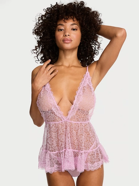 Tease Lace Plunge Babydoll Set