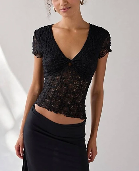 Kimchi Blue Maisie Sheer Lace Twist-Front Crop Top in Black, Women's S at Urban Outfitters