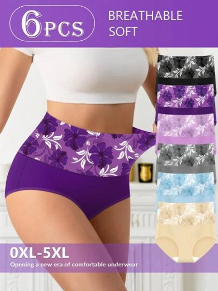 6 Pcs Plus Size Women Elegant Floral High-Waisted Shapewear Panties, Comfortable Nylon Underwear With Medium Stretch, Breathable Knit Fabric