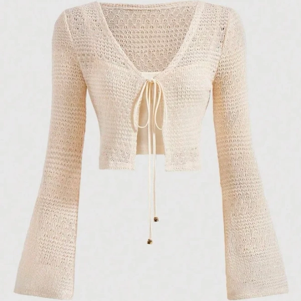 SHEIN Tie Front Crochet Trumpet Sleeve Crop Top
