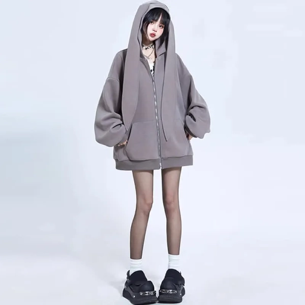 Long Bunny Ears Pocket Oversize Zipper Hooded Sweatshirt  