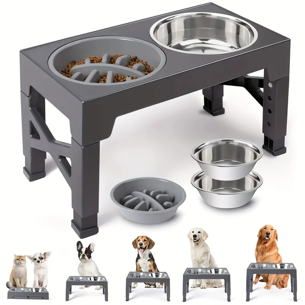 Estación de Alimentos Elevada para Perros y Gatos con Altura Ajustable, Acero Inoxidible Antiderrames - Diseño Ergonómico -Ahogo Conjunto Doble Tazones & Dispensador Lento. Construcción Robusta Y Finito Metálico. Comedor Duradera Para Raza Grande Hogares Multi-Mascotas Material Resistente a la Oxicción