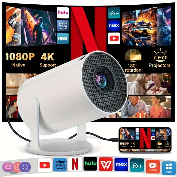 Mini Projector with WiFi 6 And BT, Native 1080P Support 4K Portable Projector 180° Rotatable 129.92 inch' Screen Projector Auto Keystone Compatible for Laptop, PC, Smartphone