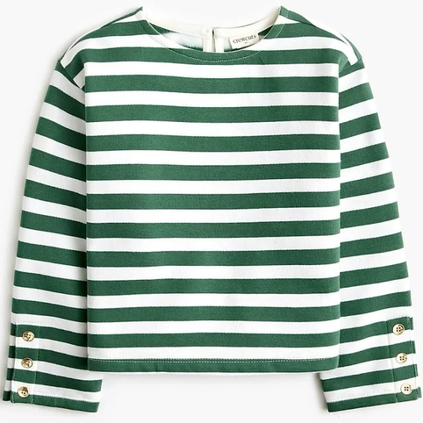 J.Crew Girls' Striped Button-Sleeve Crewneck Sweatshirt