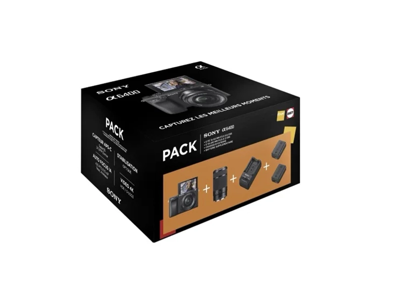 Appareil photo hybride Sony Pack A6400 + FE 16-50 mm + FE 55-210 mm + chargeur externe + 2ème batterie - ILCE6400FNADI.YF | Darty
