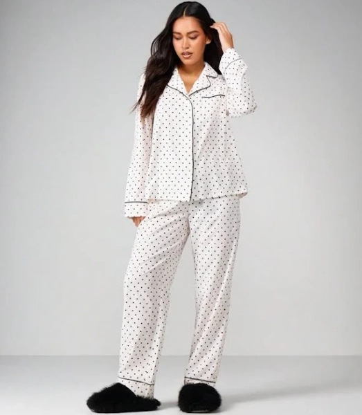 Missguided Women's Polka Dot Long Sleeve Button Up Pajama Set