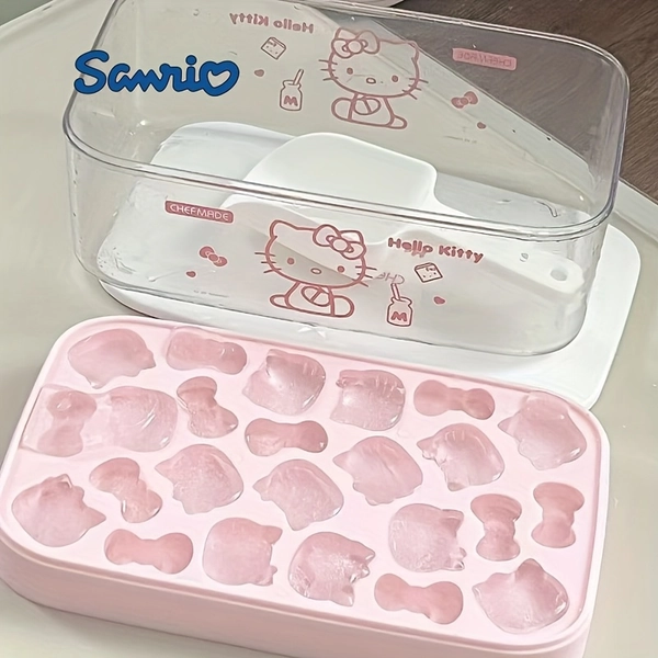 1pc Hello Kitty silicone ice cube mold with cover, cartoon cat theme, flexible rectangular shape, for DIY homemade ice products, cute cat and bow shape, with 24 ice cube mold tools