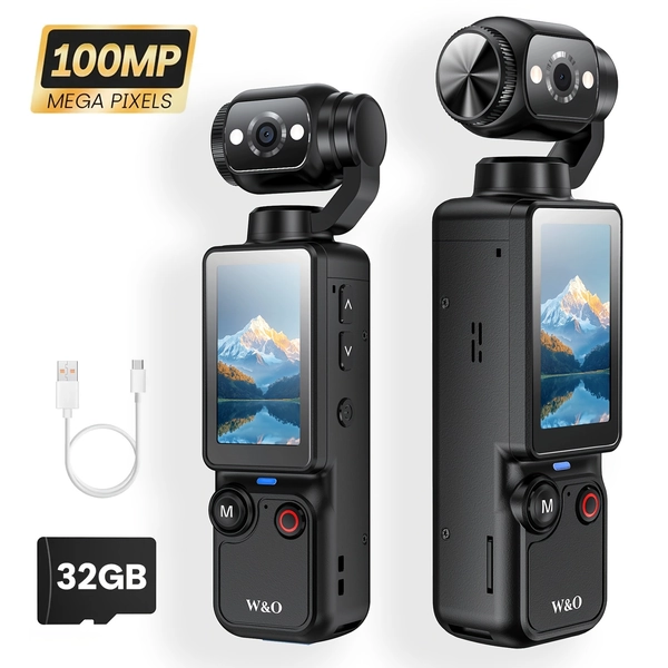 [4K Portable Rechargeable] W&O 4K HD Video Recording Pocket Camera - Portable, Rechargeable, Video Log Camera, 4k Handheld Stabilizer Pocket Outdoors Sports Camera Gimbal | 4k Handheld Stabilizer | 180° Perspective, 2000mAh Battery, USB-C Charging, 32G Memory Card