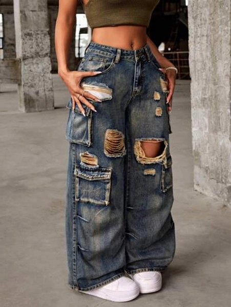 SHEIN PETITE Women Ripped And Pocketed Wide Leg Casual Jeans