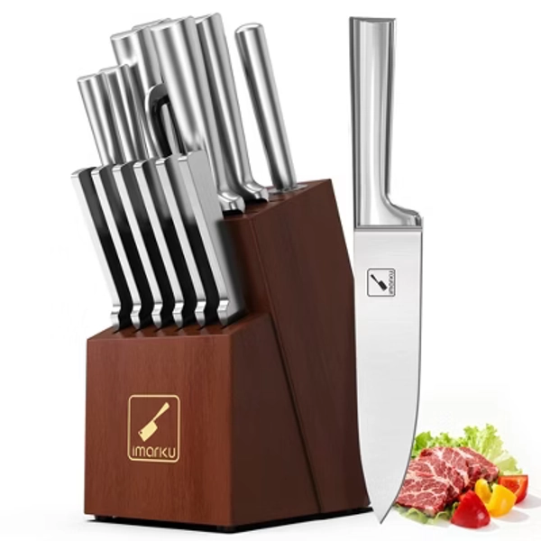 imarku Kitchen Knife Set 15 PCS Japanese Stainless Steel Knife Block Set with Sharpener - Dishwasher Safe Kitchen Knives, Silver, Kitchen Essentials