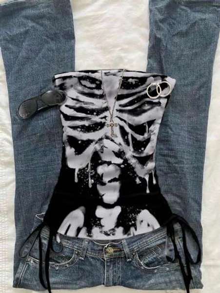 Comfortcana Women's Melting Skeleton Print Cutout Tie Front Cropped Cami Top Back To School