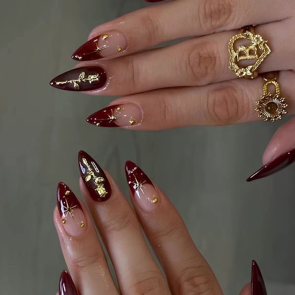 24Pcs Mid-length Almond Reusable Press on Fake Nails 3D Golden Flower Full Cover Nails Tips Wine Red Edge French False Nails Art - AliExpress 